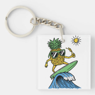 Cool Pineapple is Surfing in the Sea Vibrant beach Key Ring