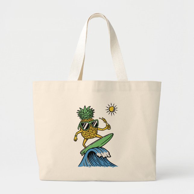 Cool Pineapple is Surfing in the Sea Vibrant beach Large Tote Bag (Front)