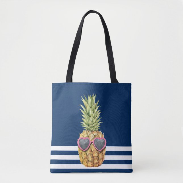 Cool Pineapple Nautical Navy Blue Striped  Tote Bag (Front)