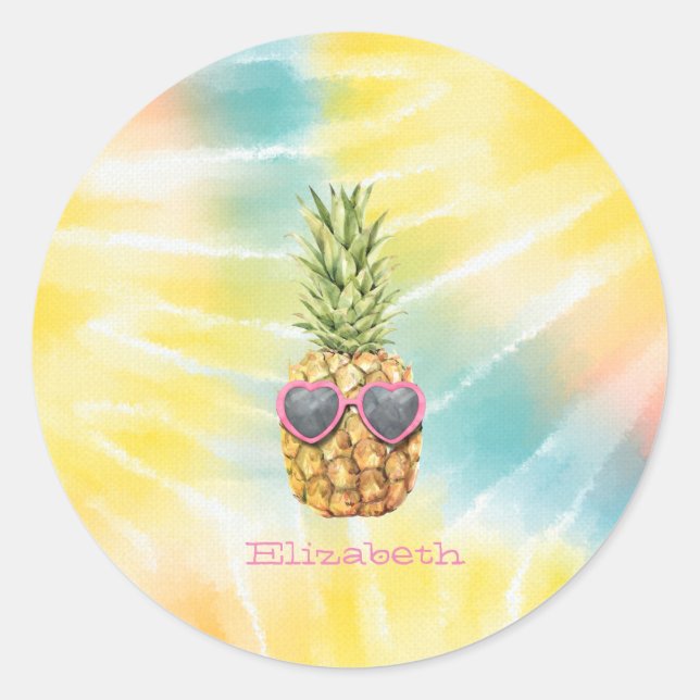 Cool Pineapple, Watercolor Rainbow Tie Dye  Classic Round Sticker (Front)