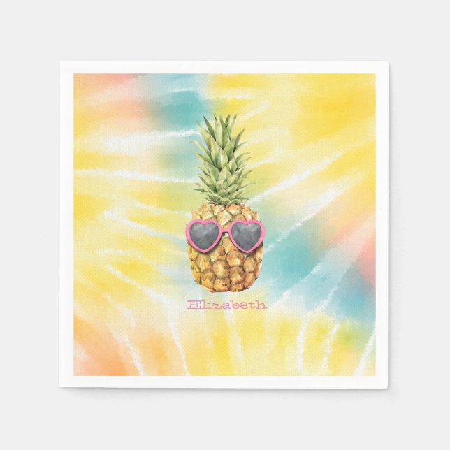 Cool Pineapple, Watercolor Rainbow Tie Dye  Napkin (Front)