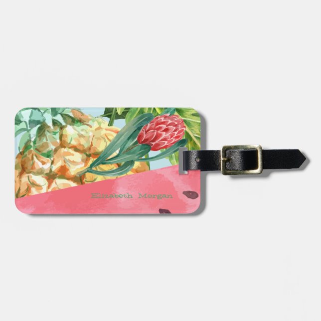 Cool Pineapple Watermelon Hibiscus Palm Leaves  Luggage Tag (Front Horizontal)