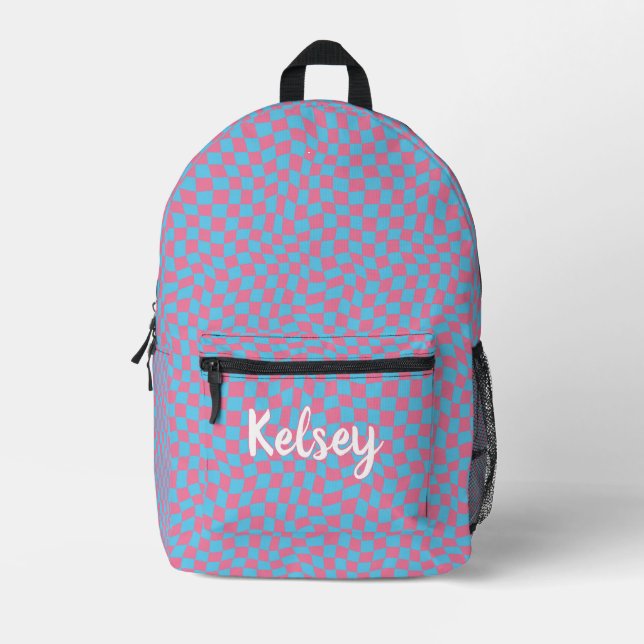 Cool Pink and Blue Retro Wavy Check Monogram Name Printed Backpack (Front)