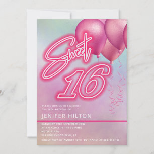 Cool pink balloon holographic neon sweet 16 invitation