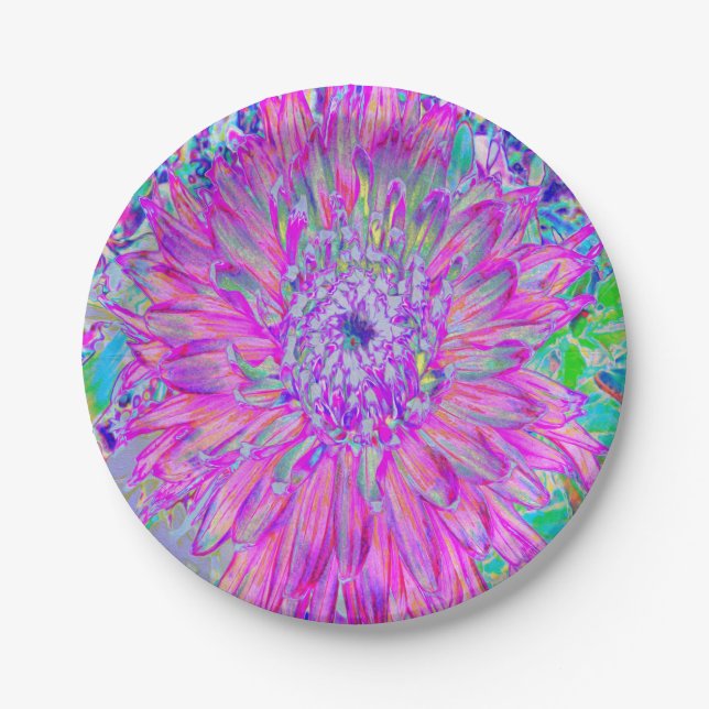Cool Pink Blue and Purple Artsy Dahlia Bloom Paper Plate (Front)