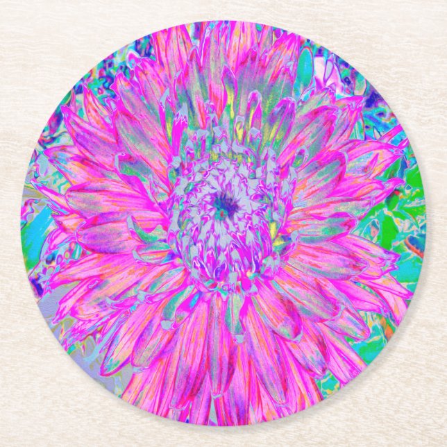 Cool Pink Blue and Purple Artsy Dahlia Bloom Round Paper Coaster (Front)