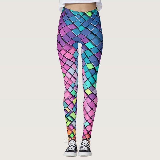 Cool Pink Colourful Mermaid Tail Scales Pattern Leggings (Front)