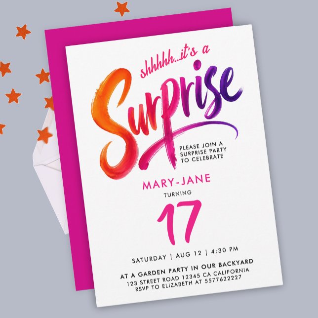 Cool Pink Colourful Surprise 17th Party Calligraph Invitation (Creator Uploaded)