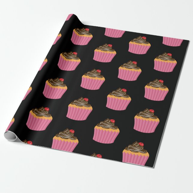 Cool Pink Cupcake Pattern On Black Wrapping Paper (Unrolled)