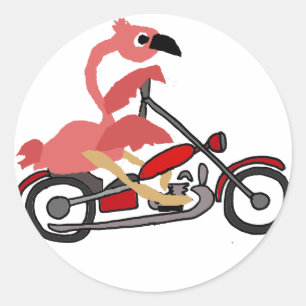 Cool Pink Flamingo Riding Motorcycle Cartoon Classic Round Sticker