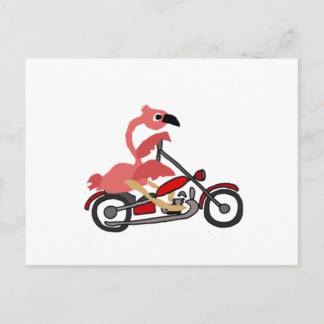 Cool Pink Flamingo Riding Motorcycle Cartoon Postcard (Front)