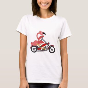 Cool Pink Flamingo Riding Motorcycle Cartoon T-Shirt