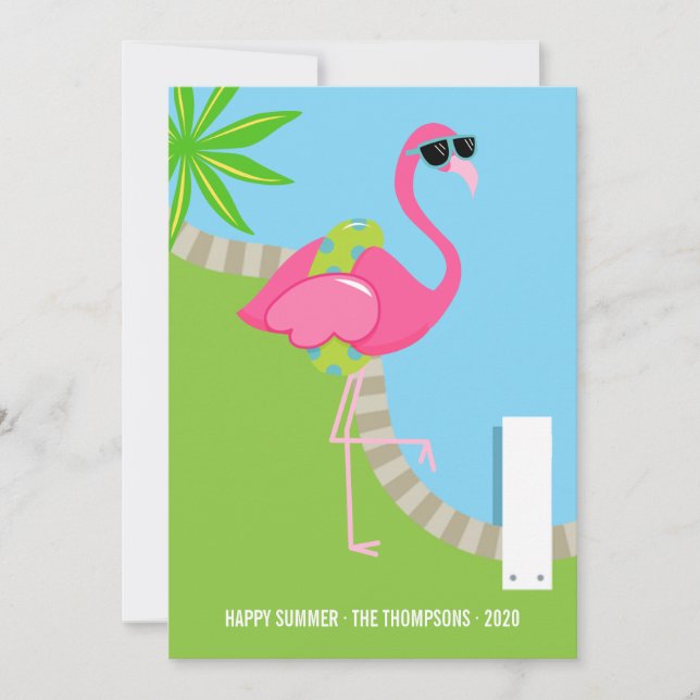 Cool Pink Flamingo Summer Family Photo Greeting Card (Front)