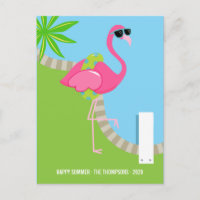Cool Pink Flamingo Summer Family Photo Greeting