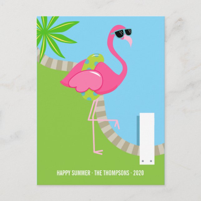Cool Pink Flamingo Summer Family Photo Greeting Holiday Postcard (Front)