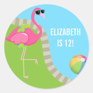 Cool Pink Flamingo Summer Pool Birthday Party Classic Round Sticker