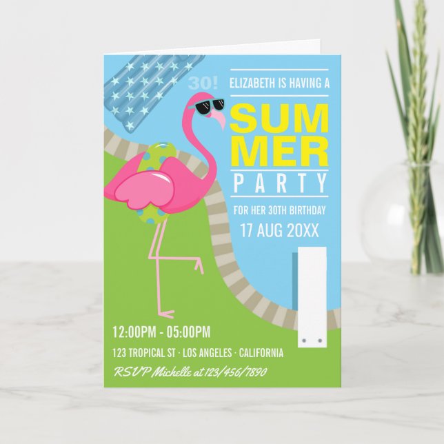 Cool Pink Flamingo Summer Pool Birthday Party Invitation (Front)