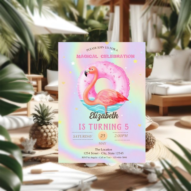 Cool Pink Flamingos Pool Float Holographic  Invitation (Creator Uploaded)