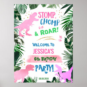 Cool pink Girl Dinosaur birthday welcome T-Rex Poster