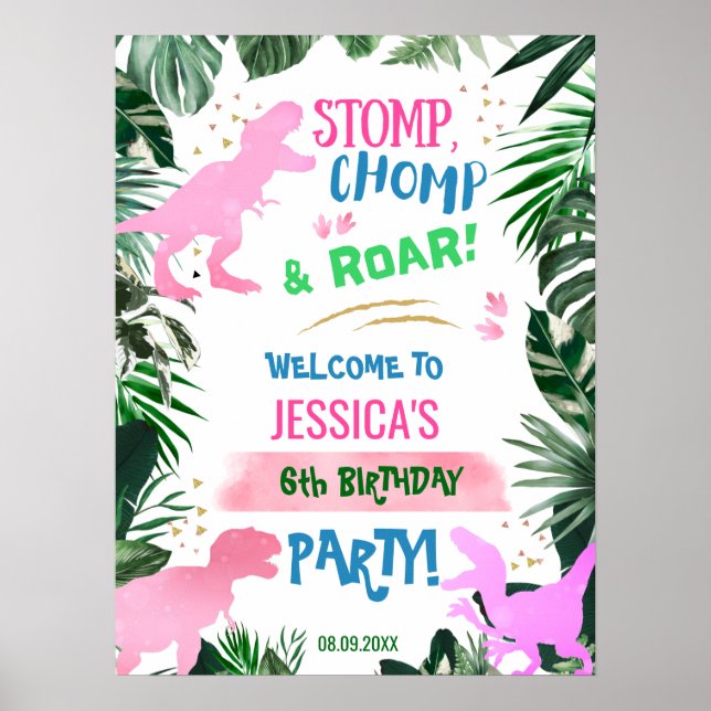 Cool pink Girl Dinosaur birthday welcome T-Rex Poster (Front)