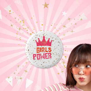 Cool Pink Glitter Girls Power Crown 3 Cm Round Badge