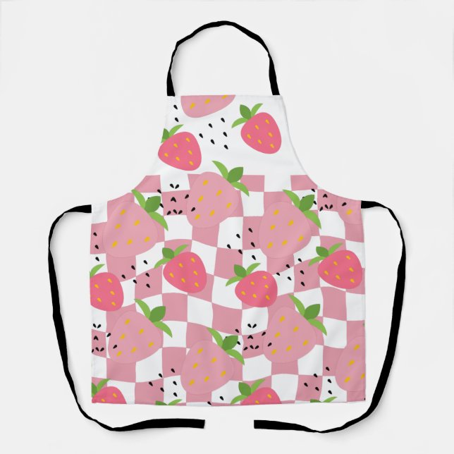 Cool Pink Kitchen Strawberries Chequered Design Apron (Front)