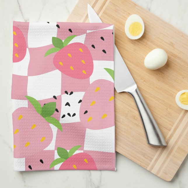 Cool Pink Kitchen Strawberries Chequered Design Tea Towel (Quarter Fold)