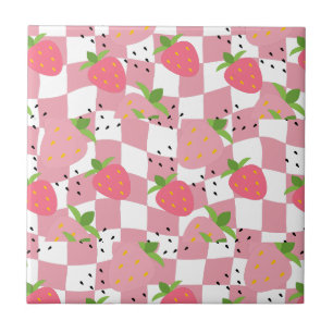 Cool Pink Kitchen Strawberries Chequered Design Tile
