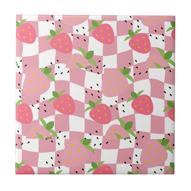 Cool Pink Kitchen Strawberries Chequered Design Tile (Front)