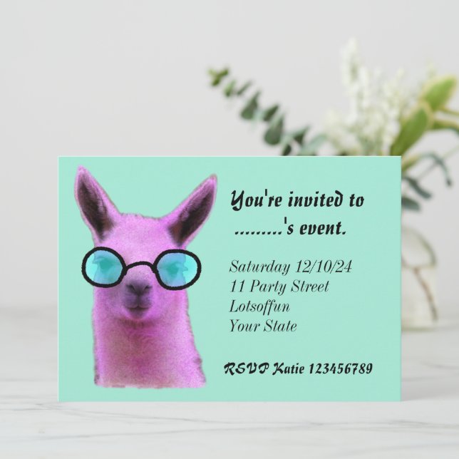 Cool Pink Llama Custom Invitations (Standing Front)