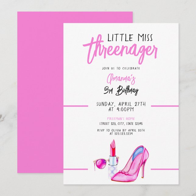 Cool Pink Makeup Themed Girly Third Birthday Invitation (Front/Back)