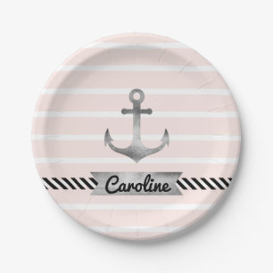 Cool Pink Stripes Grey Watercolor Anchor Custom Paper Plate