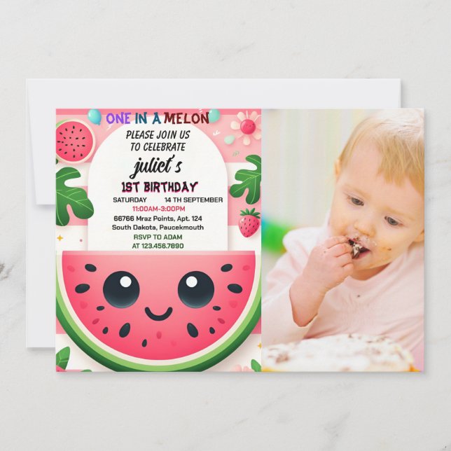 cool pink summer one in a melon first 1st birthday invitation (Front)