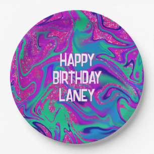 Cool Pink Teal Glitter Custom Girl Birthday Party Paper Plate