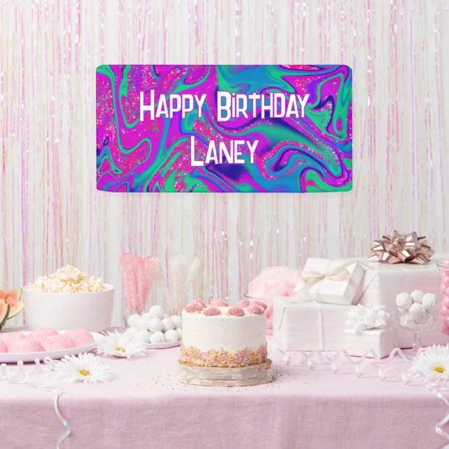 Cool Pink Teal Glitter Girl Birthday Slime Party Banner (Party)