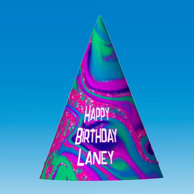 Cool Pink Teal Glitter Girl Birthday Slime Party Hat (Vibrant unique colorful custom Happy Birthday party hat. Add name to pink glitter groovy cool hat.

)
