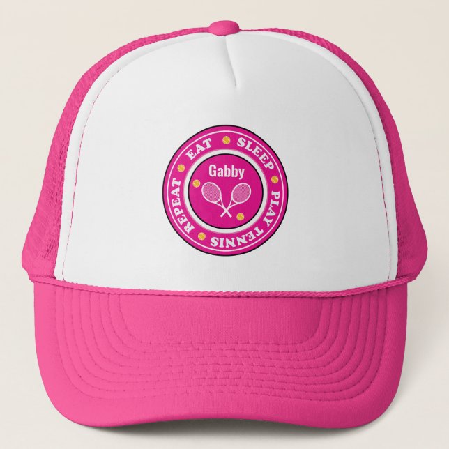 Cool pink tennis slogan with custom name pink trucker hat (Front)