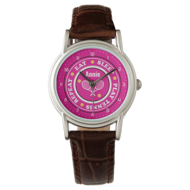 Cool pink tennis slogan with custom name watch (Front)