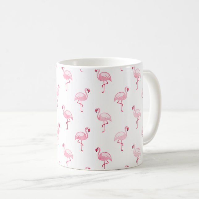 Cool Pink Tropical Flamingo Pattern on White Coffee Mug (Front Right)