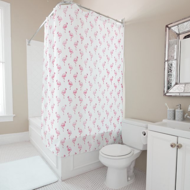 Cool Pink Tropical Flamingo Pattern on White Shower Curtain (In Situ)
