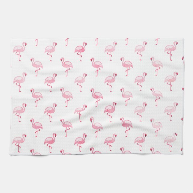 Cool Pink Tropical Flamingo Pattern on White Tea Towel (Horizontal)