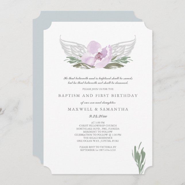 Cool Pink Watercolor Florals Angel Wings Baptism Invitation (Front/Back)