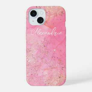 Cool Pink Watercolor Glittery Stylish Modern iPhone 15 Case