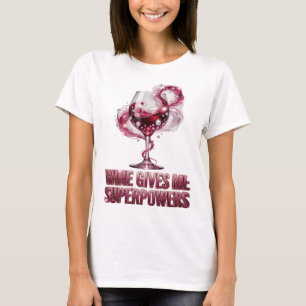 Cool Pink WINE GIVES ME SUPERPOWERS Artistic Motif T-Shirt