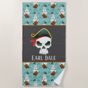 Cool Pirate skull and ships add name Beach Towel
