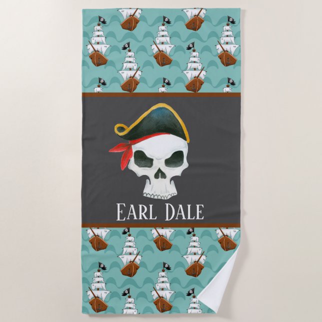 Cool Pirate skull and ships add name Beach Towel (Front)