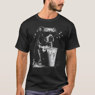 Cool Pitbull Drinking Iced Coffee - Vintage Dog T-Shirt