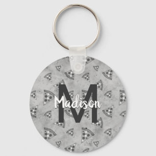 Cool pizza slice vintage black white grey Monogram Key Ring