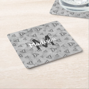 Cool pizza slice vintage black white grey Monogram Square Paper Coaster