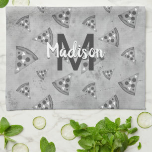 Cool pizza slice vintage black white grey Monogram Tea Towel